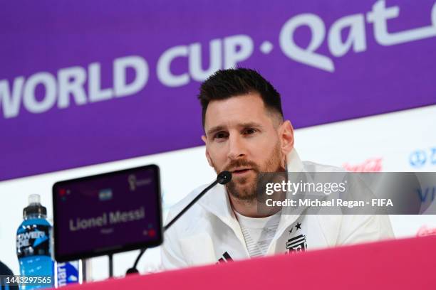 Lionel Messi of Argentina speaks during the Argentina match day -1 Press Conference at Main Media Center on November 21, 2022 in Doha, Qatar.