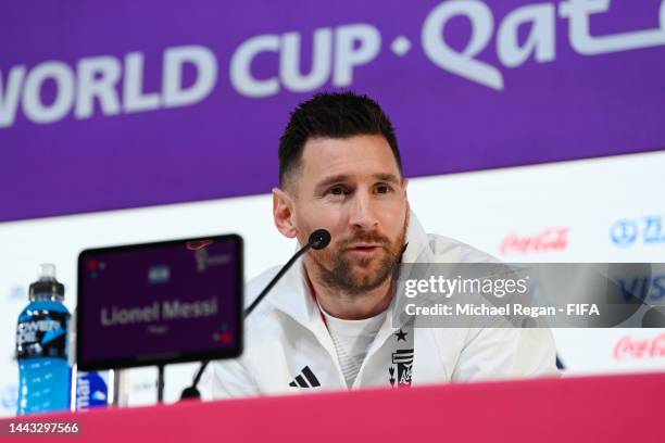 Lionel Messi of Argentina speaks during the Argentina match day -1 Press Conference at Main Media Center on November 21, 2022 in Doha, Qatar.