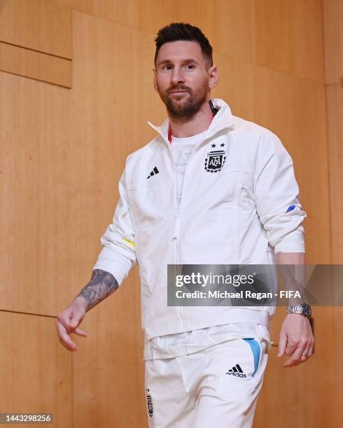 Lionel Messi of Argentina takes to the Argentina match day -1 Press Conference at Main Media Center on November 21, 2022 in Doha, Qatar.