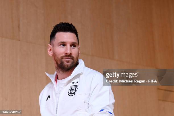 Lionel Messi of Argentina takes to the Argentina match day -1 Press Conference at Main Media Center on November 21, 2022 in Doha, Qatar.