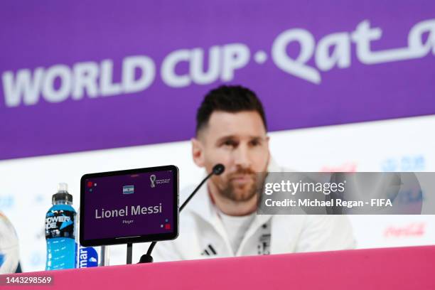 Lionel Messi of Argentina speaks during the Argentina match day -1 Press Conference at Main Media Center on November 21, 2022 in Doha, Qatar.