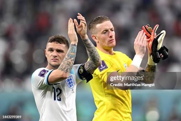 Kieran Trippier and Jordan Pickford of England celebrate after their side's victory during the FIFA World Cup Qatar 2022 Group B match between...