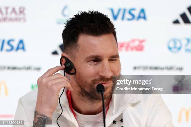 Lionel Messi of Argentina, reacts during the Argentina match day -1 Press Conference at Main Media Center on November 21, 2022 in Doha, Qatar.