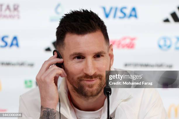 Lionel Messi of Argentina, speaks during the Argentina match day -1 Press Conference at Main Media Center on November 21, 2022 in Doha, Qatar.