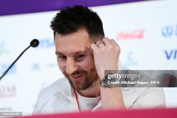 Lionel Messi of Argentina speaks during the Argentina match day -1 Press Conference at Main Media Center on November 21, 2022 in Doha, Qatar.