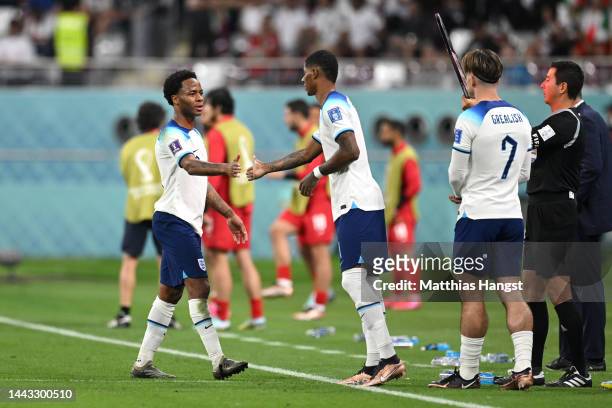 Marcus Rashford replaces Raheem Sterling of England during the FIFA World Cup Qatar 2022 Group B match between England and IR Iran at Khalifa...