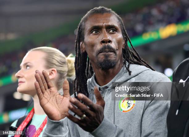 Aliou Cisse, Head Coach of Senegal, is seen prior to the FIFA World Cup Qatar 2022 Group A match between Senegal and Netherlands at Al Thumama...