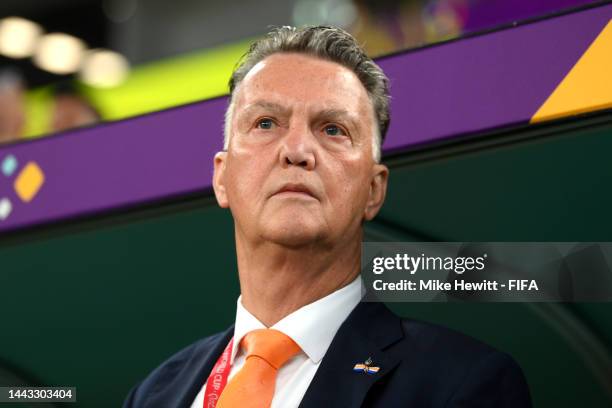 Louis van Gaal, Head Coach of Netherlands, looks on prior to the FIFA World Cup Qatar 2022 Group A match between Senegal and Netherlands at Al...