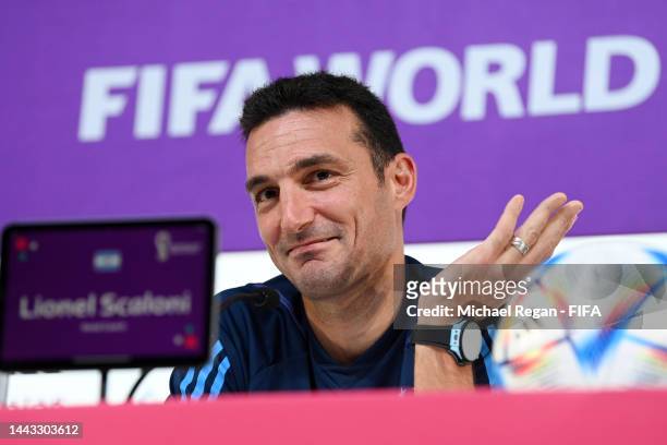 Lionel Scaloni, Head Coach of Argentina, reacts during the Argentina match day -1 Press Conference at Main Media Center on November 21, 2022 in Doha,...