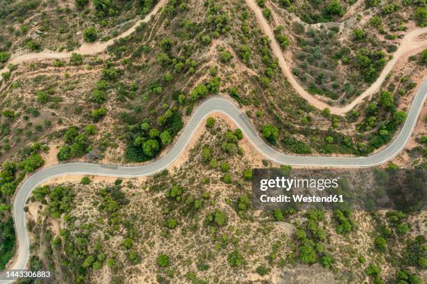 spain, catalonia, les garrigues, aerial view of winding country road - esporte stock-fotos und bilder