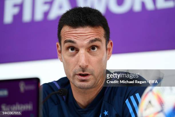 Lionel Scaloni, Head Coach of Argentina, reacts during the Argentina match day -1 Press Conference at Main Media Center on November 21, 2022 in Doha,...