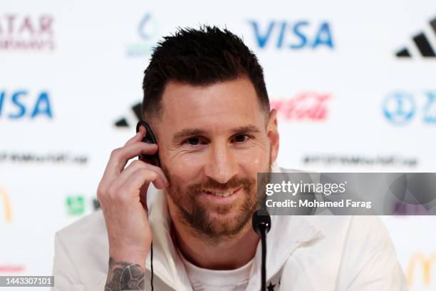 Lionel Messi of Argentina reacts during the Argentina match day -1 Press Conference at Main Media Center on November 21, 2022 in Doha, Qatar.