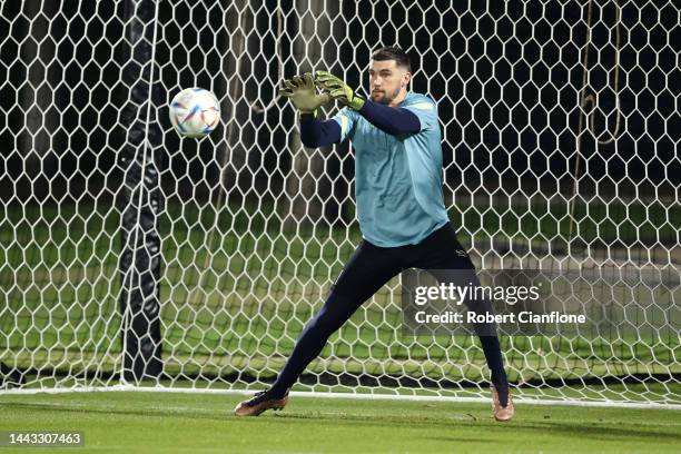 Mathew Ryan of Australia makes a save during the Australia Training Session at Aspire Training Ground on November 21, 2022 in Doha, Qatar.