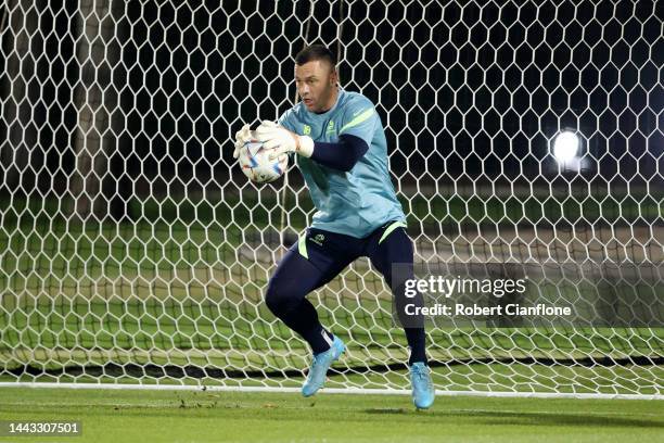 Danny Vukovic of Australia makes a save during the Australia Training Session at Aspire Training Ground on November 21, 2022 in Doha, Qatar.