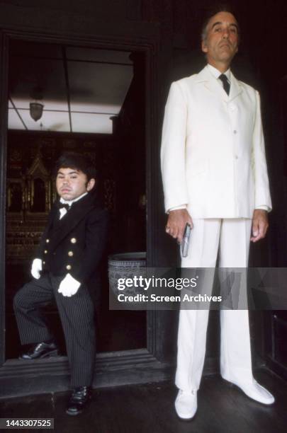 Herve Villechaize and Christopher Lee in a publicity pose for the 1974 James Bond 007 movie, 'Man With the Golden Gun '.