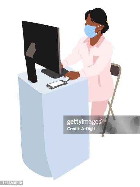 nurse computer station pink - electronic-medical-record-icon stock illustrations