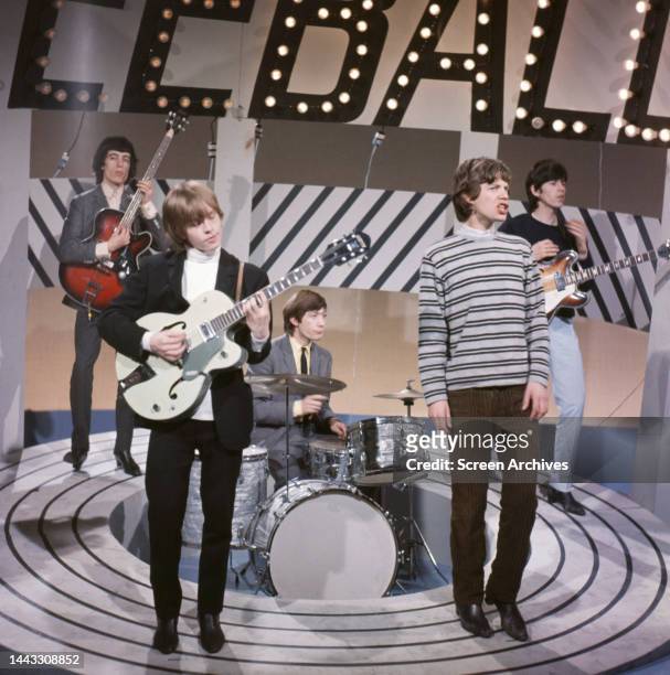 The Rolling Stones, featuring Mick Jagger, Keith Richards, Brian Jones, Bill Wyman and Charlie Watts, performing mid 1960's TV show.
