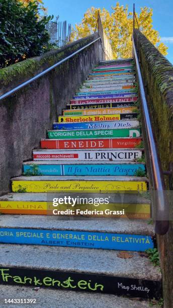 view of the railroad crossing overpass decorated with famous books titles and authors names in arona, lake maggiore, italy - lake maggiore stock pictures, royalty-free photos & images