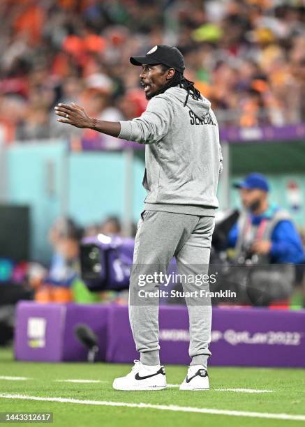 Aliou Cisse, Head Coach of Senegal, gives their team instructions during the FIFA World Cup Qatar 2022 Group A match between Senegal and Netherlands...