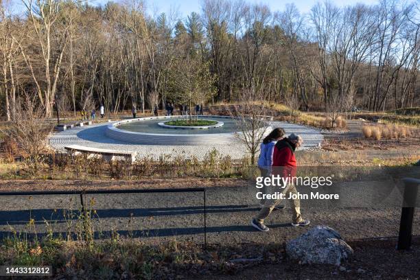 People visit the newly-opened Sandy Hook Permanent Memorial on November 20, 2022 in Newtown, Connecticut. This December 14 marks the 10th anniversary...