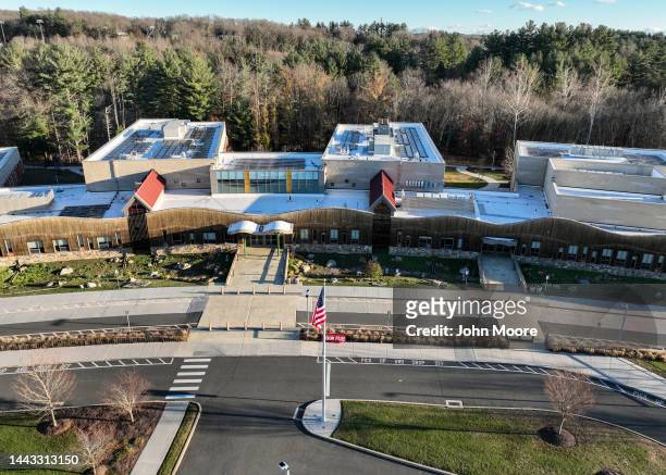As seen from an aerial view, Sandy Hook Elementary stands almost ten years after the Dec. 14, 2012 massacre on November 20, 2022 in Newtown,...