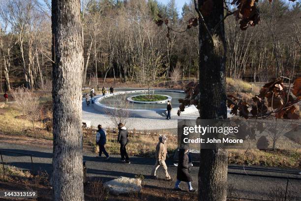 People visit the newly-opened Sandy Hook Permanent Memorial on November 20, 2022 in Newtown, Connecticut. This December 14 marks the 10th anniversary...