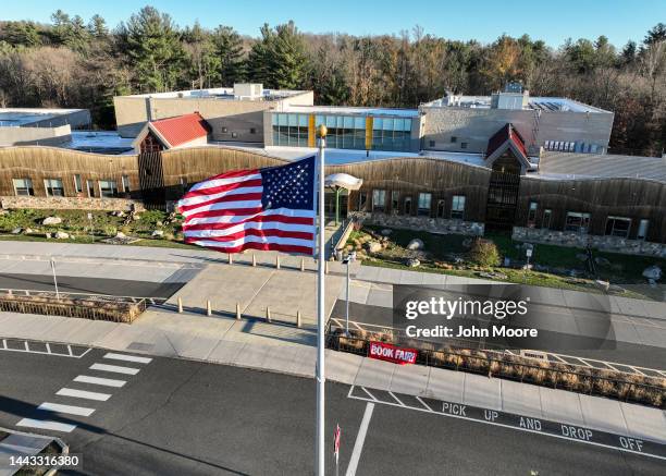 As seen from an aerial view, Sandy Hook Elementary stands almost ten years after the Dec. 14, 2012 massacre on November 20, 2022 in Newtown,...