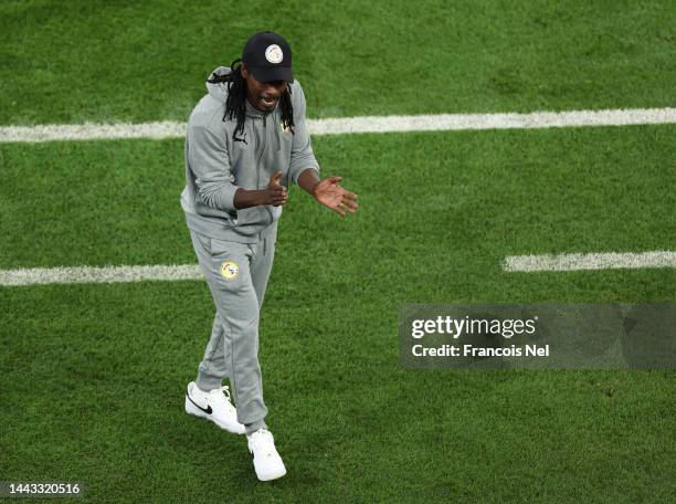 Aliou Cisse, Head Coach of Senegal, reacts during the FIFA World Cup Qatar 2022 Group A match between Senegal and Netherlands at Al Thumama Stadium...