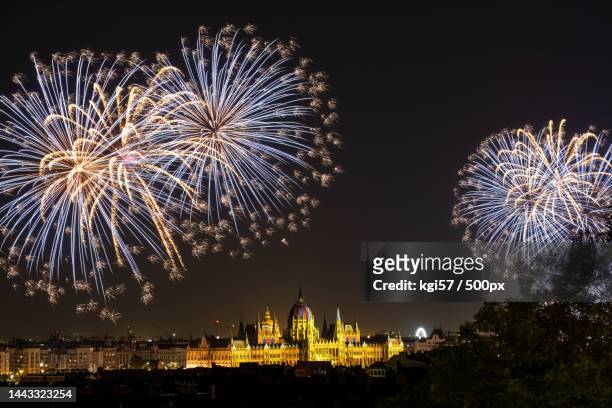 low angle view of firework display at night,budapest,hungary - budapest new year stock pictures, royalty-free photos & images