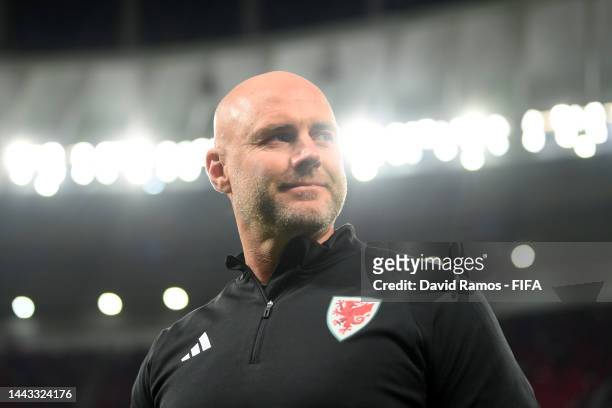 Rob Page, Head Coach of Wales, inspects the pitch prior to the FIFA World Cup Qatar 2022 Group B match between USA and Wales at Ahmad Bin Ali Stadium...