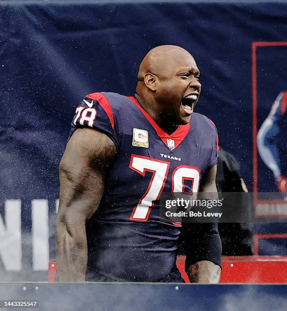 Laremy Tunsil of the Houston Texans is introduced on Salute to Services Day as they play the Washington Commanders at NRG Stadium on November 20,...