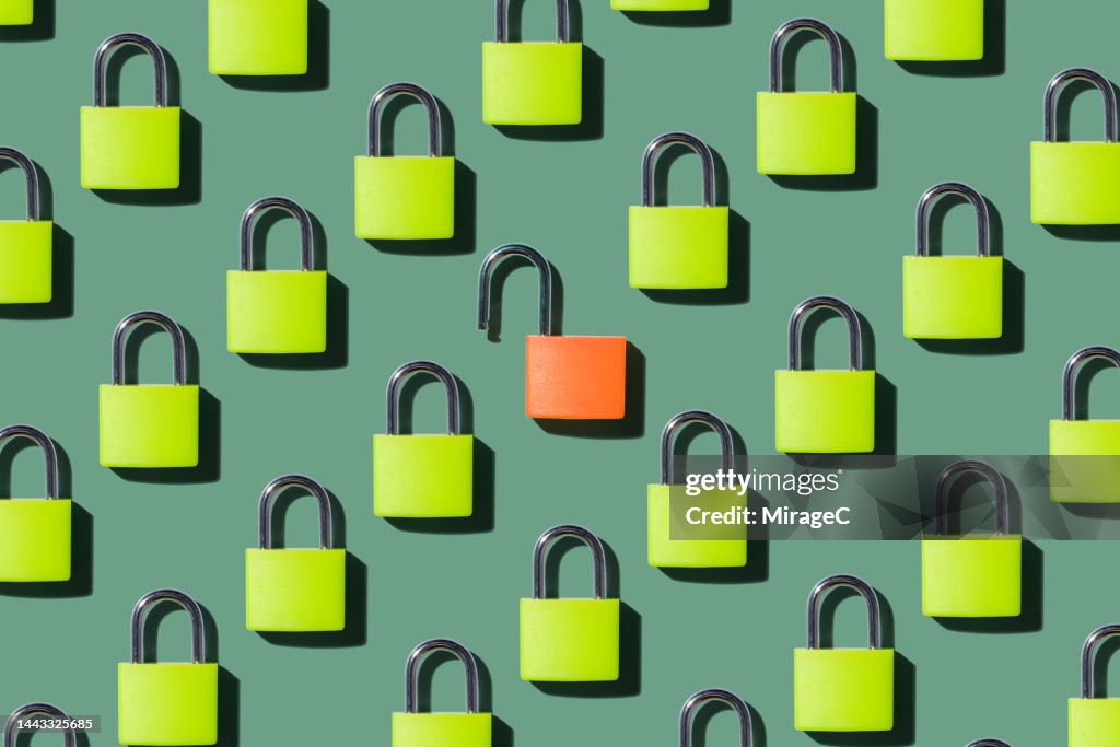 An Opened Lock Standing Out From Locked Locks