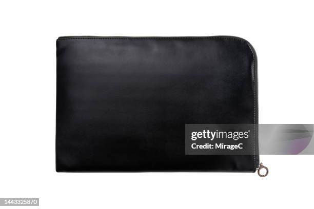 black leather sleeve bag, laptop bag isolated on white - laptoptasche stock-fotos und bilder