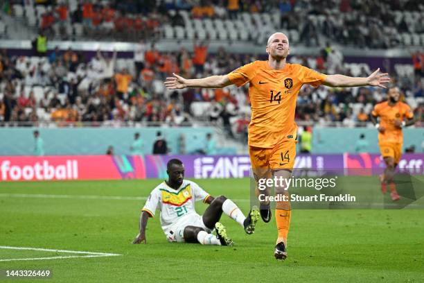 Davy Klaassen of Netherlands celebrates after scoring their team's second goal during the FIFA World Cup Qatar 2022 Group A match between Senegal and...