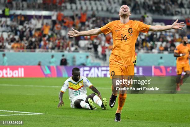 Davy Klaassen of Netherlands celebrates after scoring their team's second goal during the FIFA World Cup Qatar 2022 Group A match between Senegal and...