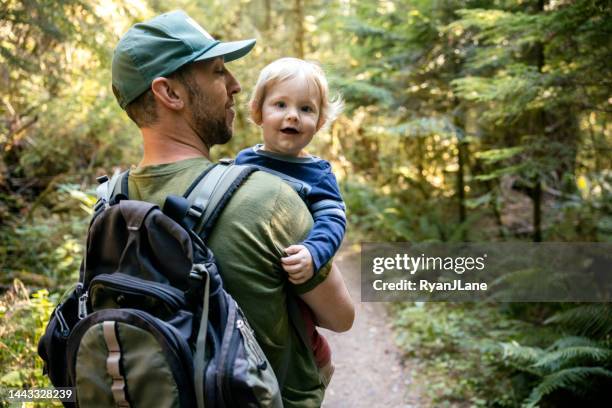 father hiking with toddler in washington state forest - family hiking stock pictures, royalty-free photos & images