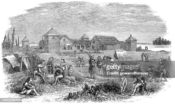the trading post of fort yukon in alaska, united states  - 19th century - trading post stock illustrations