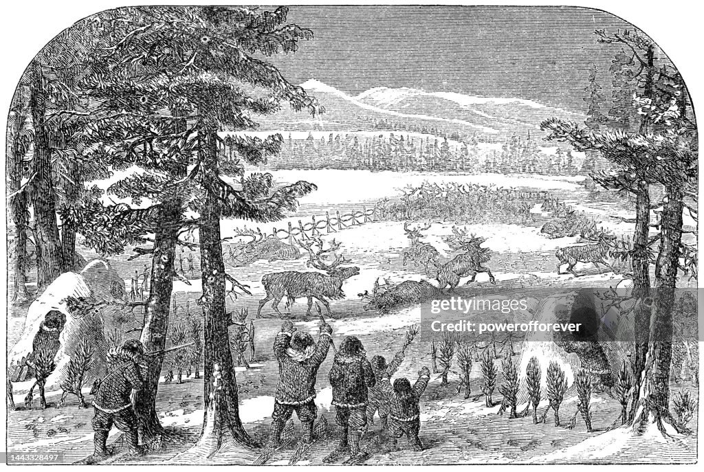 Athabascan People Hunting Moose with a Deer Corral Fence in Alaska, United States - 19th Century