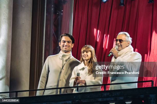 Matteo, Virginia and Andrea Bocelli perform “A Family Christmas" at Mondadori Bookstore on November 21, 2022 in Milan, Italy.