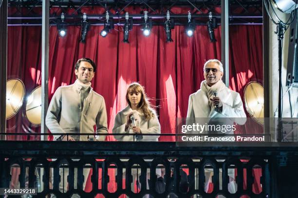 Matteo, Virginia and Andrea Bocelli perform “A Family Christmas" at Mondadori Bookstore on November 21, 2022 in Milan, Italy.