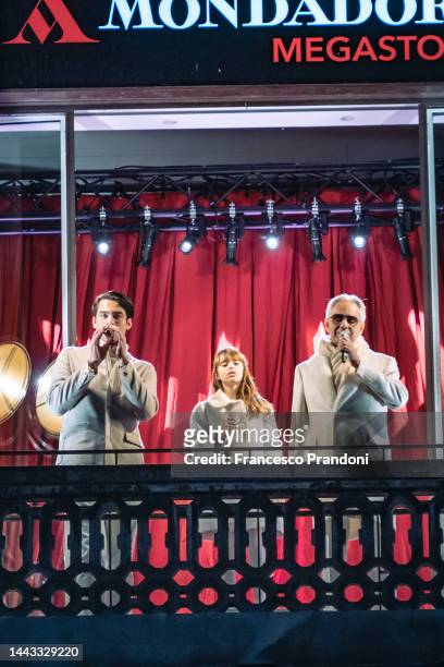 Matteo, Virginia and Andrea Bocelli perform “A Family Christmas" at Mondadori Bookstore on November 21, 2022 in Milan, Italy.