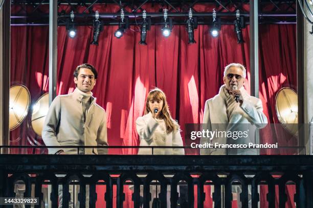 Matteo, Virginia and Andrea Bocelli perform “A Family Christmas" at Mondadori Bookstore on November 21, 2022 in Milan, Italy.