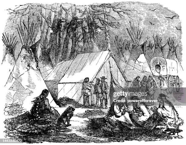 a fur traders camp in northern alberta, canada  - 19th century - native americans 1800s 幅插畫檔、美工圖案、卡通及圖標