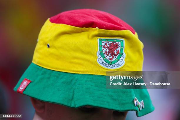 Welsh supporter wearing a bucket hat is seen during the FIFA World Cup Qatar 2022 Group B match between USA and Wales at Ahmad Bin Ali Stadium on...