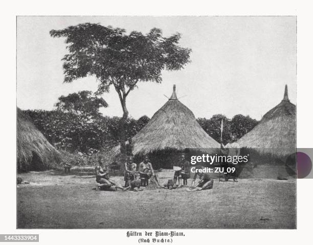huts of azande people, south sudan, halftone print, published 1899 - south sudan stock illustrations