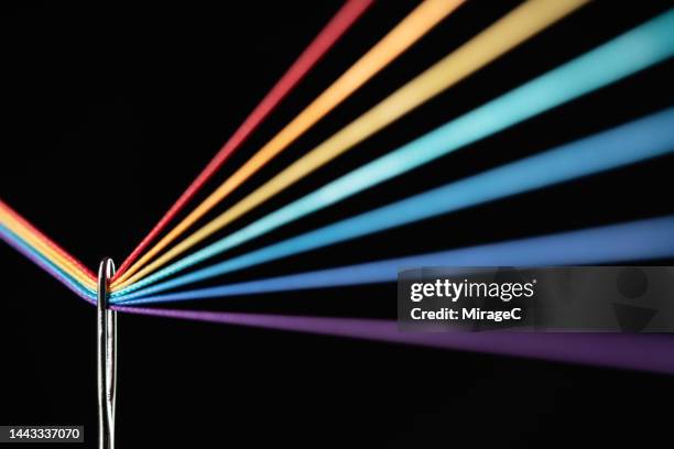 rainbow refraction by color threads through needle eyelet - träslag bildbanksfoton och bilder