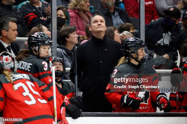 Head coach Troy Ryan of Canada looks on during the first period against United States of America at Climate Pledge Arena on November 20, 2022 in...