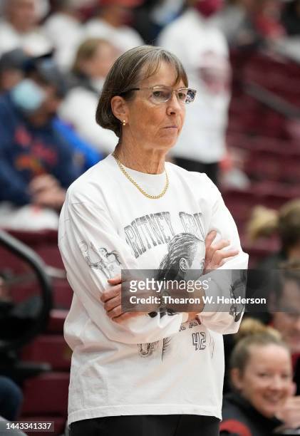 Head coach Tara VanDerveer of the Stanford Cardinal wears a shirt that states "We are BG" in support of Brittney Griner during an NCAA women's...