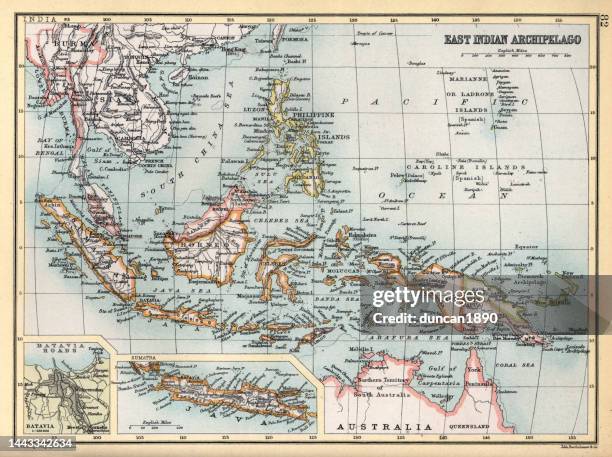 old antique map east indian archipelago, indonesia, siam, java, batavia, philippines, papua new guinea, 1890s, victorian 19th century history - oceania stock illustrations
