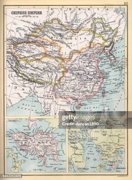 old antique map of chinese empire, china, hong kong, canton, 1890s, victorian 19th century history - s dynasty stock illustrations